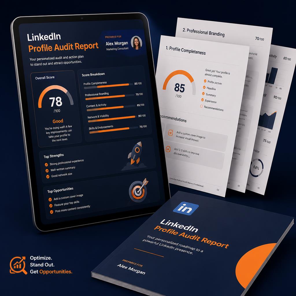 LinkedIn Profile Audit report shown on a tablet with printed score breakdown pages